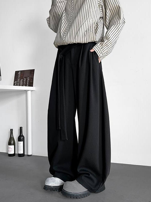 ワイドパンツ メンズ デザイン性高いベルト付きプリーツワイドパンツ