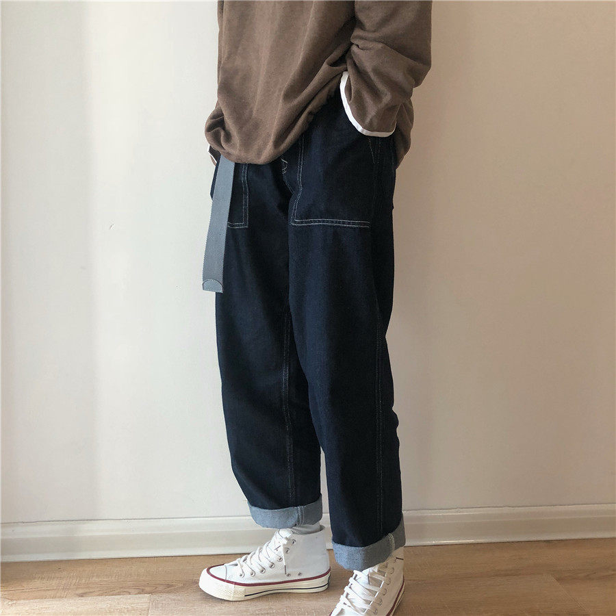 メンズワイドパンツ 裾ロールアップ仕様ゆったりデニムパンツ