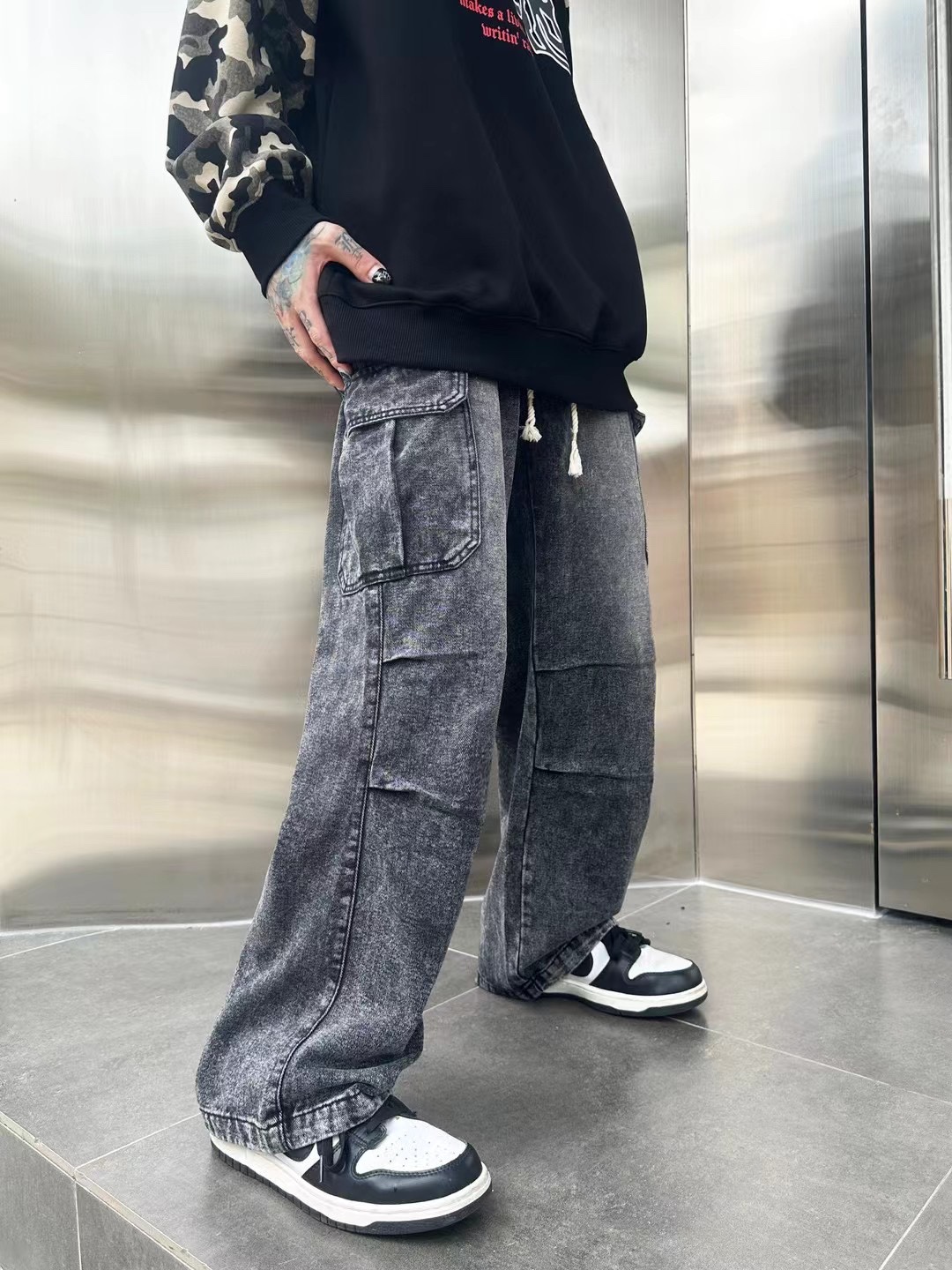 ワイドパンツ メンズ ヴィンテージ加工ワイドカーゴパンツ