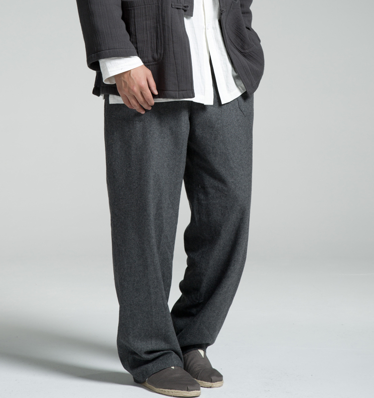 メンズワイドパンツ 上質ウール混紡ゆったりストレートスラックス