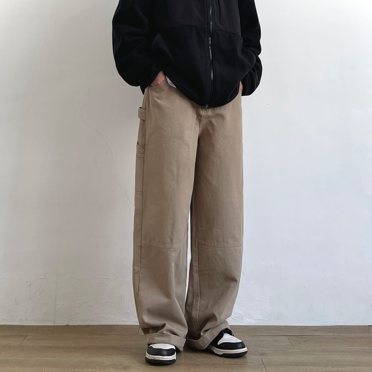 メンズワイドパンツ 多機能ポケット付きゆったりワイドシルエット作業風長ズボン