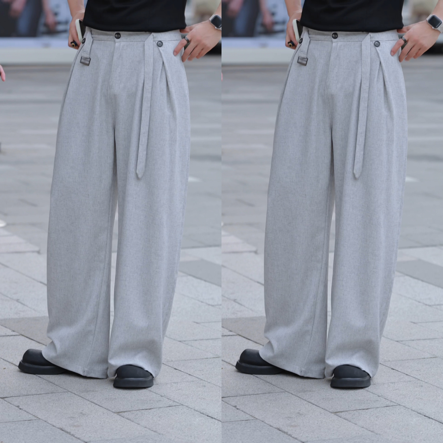 ワイドパンツ メンズ レトロ風ベルトデザインワイドパンツ