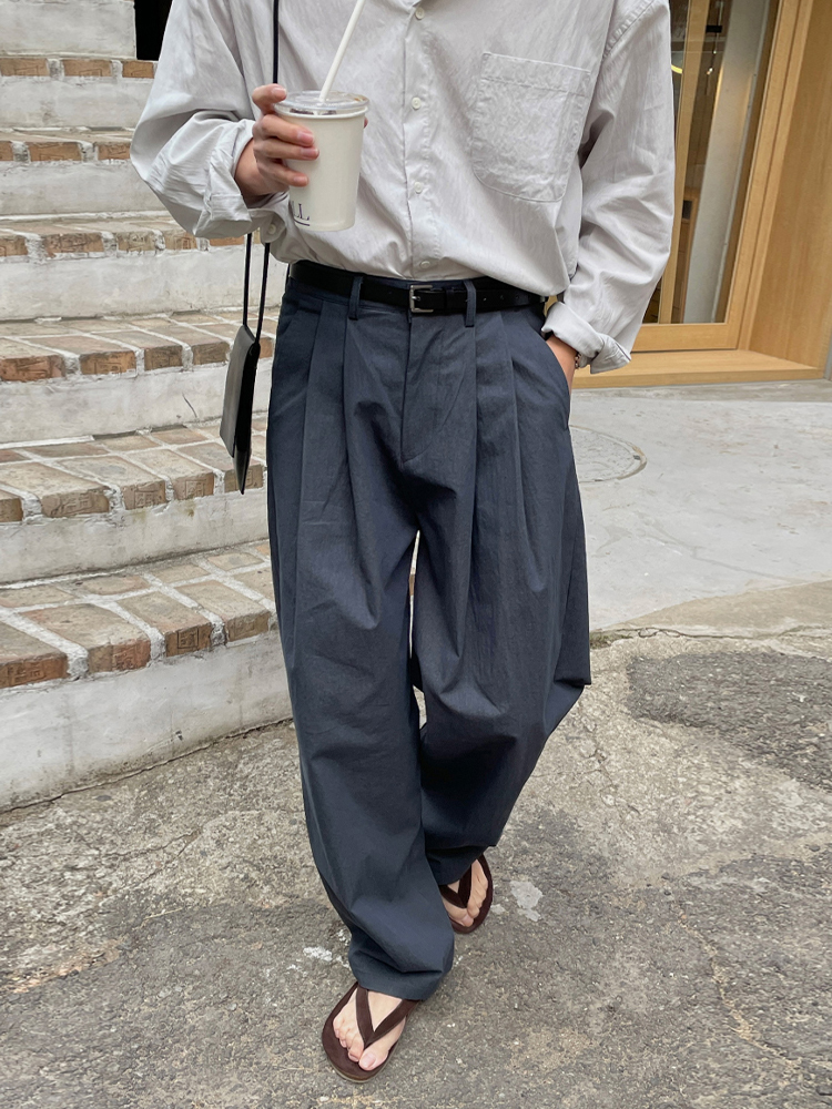 麻混ダブルタック ワイドパンツ メンズ