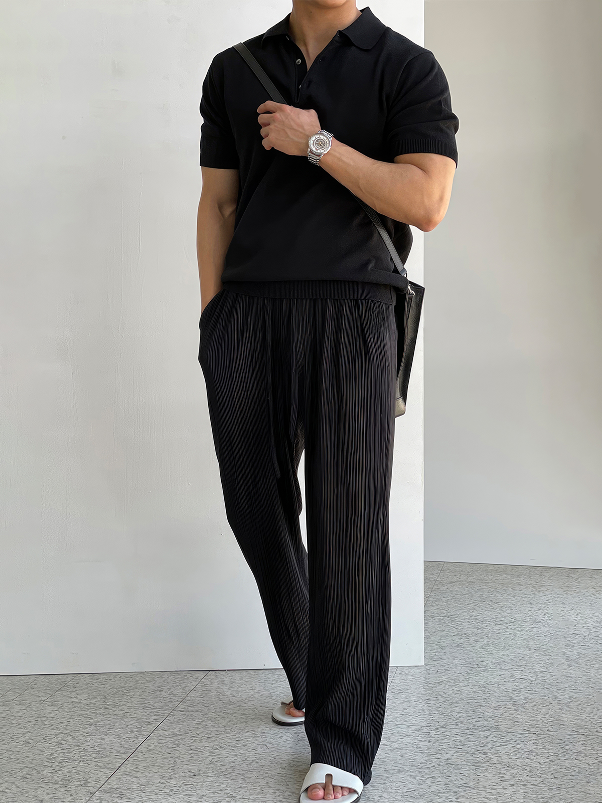 ワイドパンツ メンズ プリーツ加工ドロストワイドパンツ