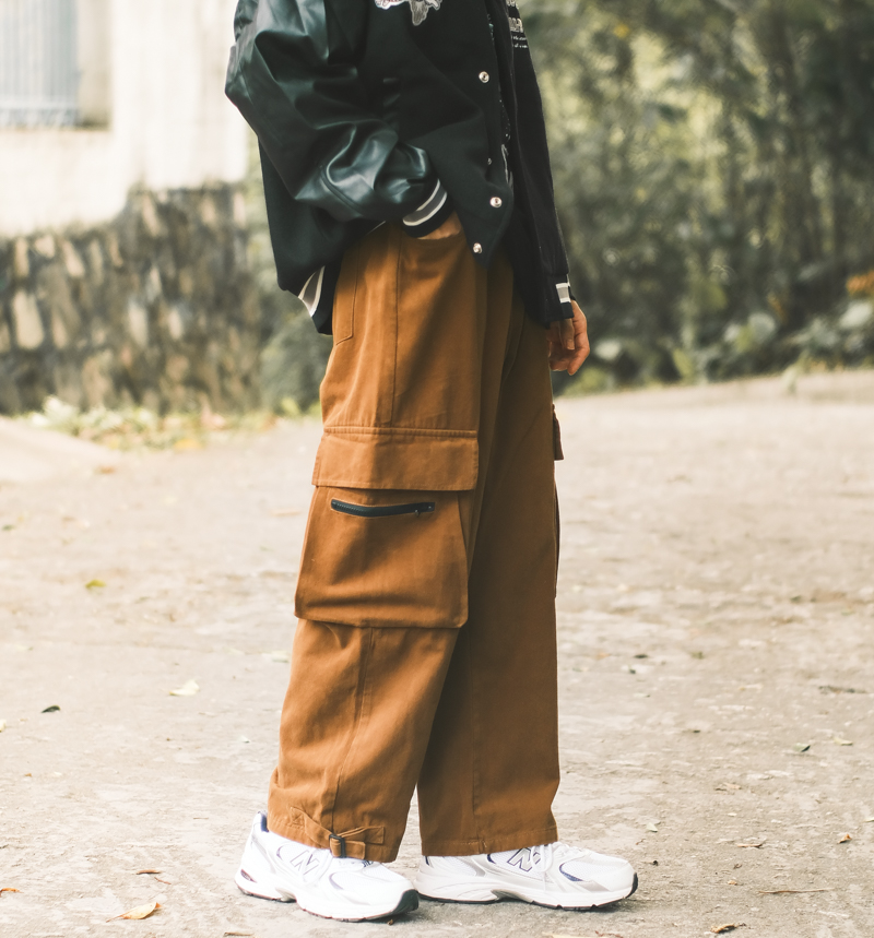 メンズワイドパンツ 多機能ポケット付きゆったりシルエット作業系パンツ