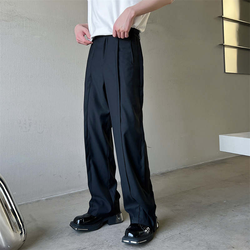 メンズワイドパンツ センタープレス入りゆったりシルエットスーツ地パンツ