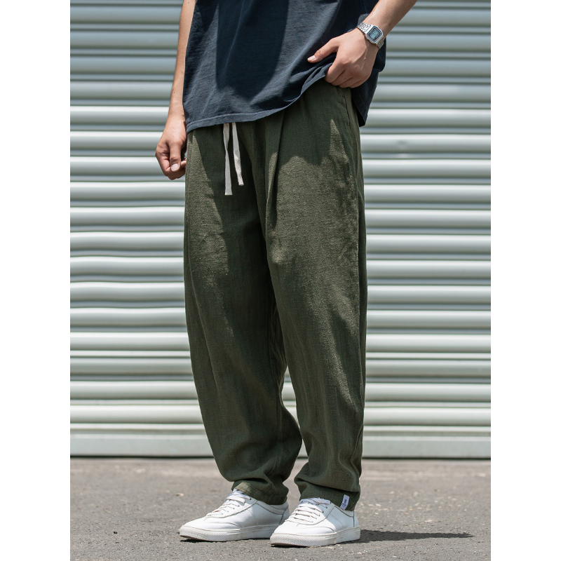 ワイドパンツ メンズ リネンコットン混紡ワイドパンツ ドローコード付き