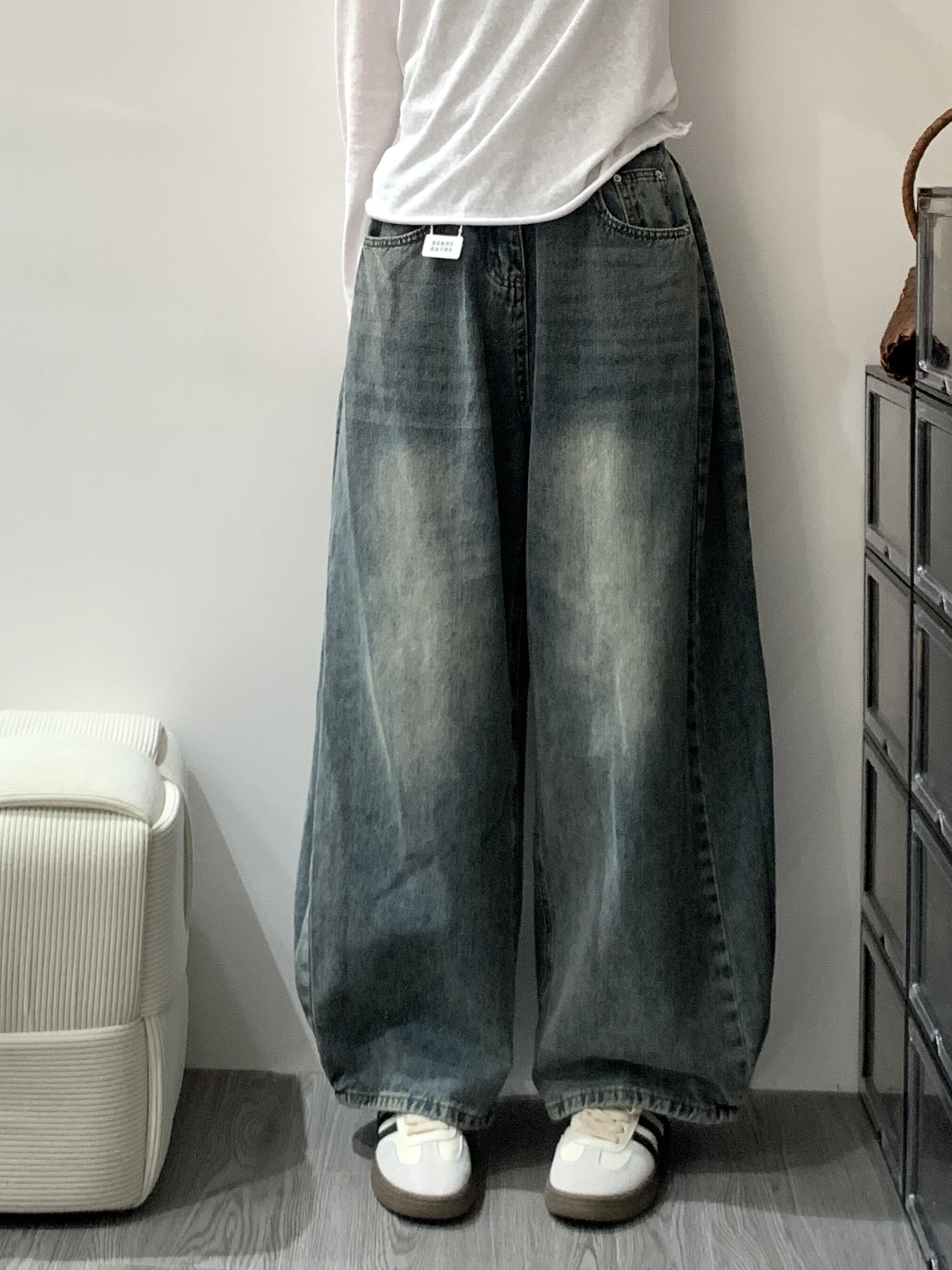 ワイドパンツ メンズ レトロ風ハイウエストワイドジーンズ