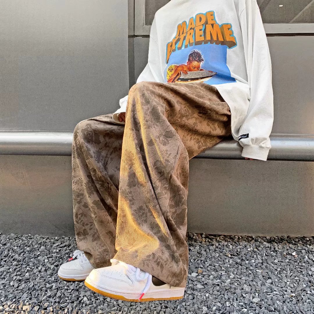 ワイドパンツ メンズ クラシック柄入りコーデュロイワイドパンツ