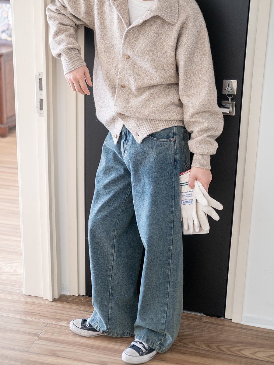 ワイドパンツ メンズ レトロ風ワイドシルエットデニムパンツ