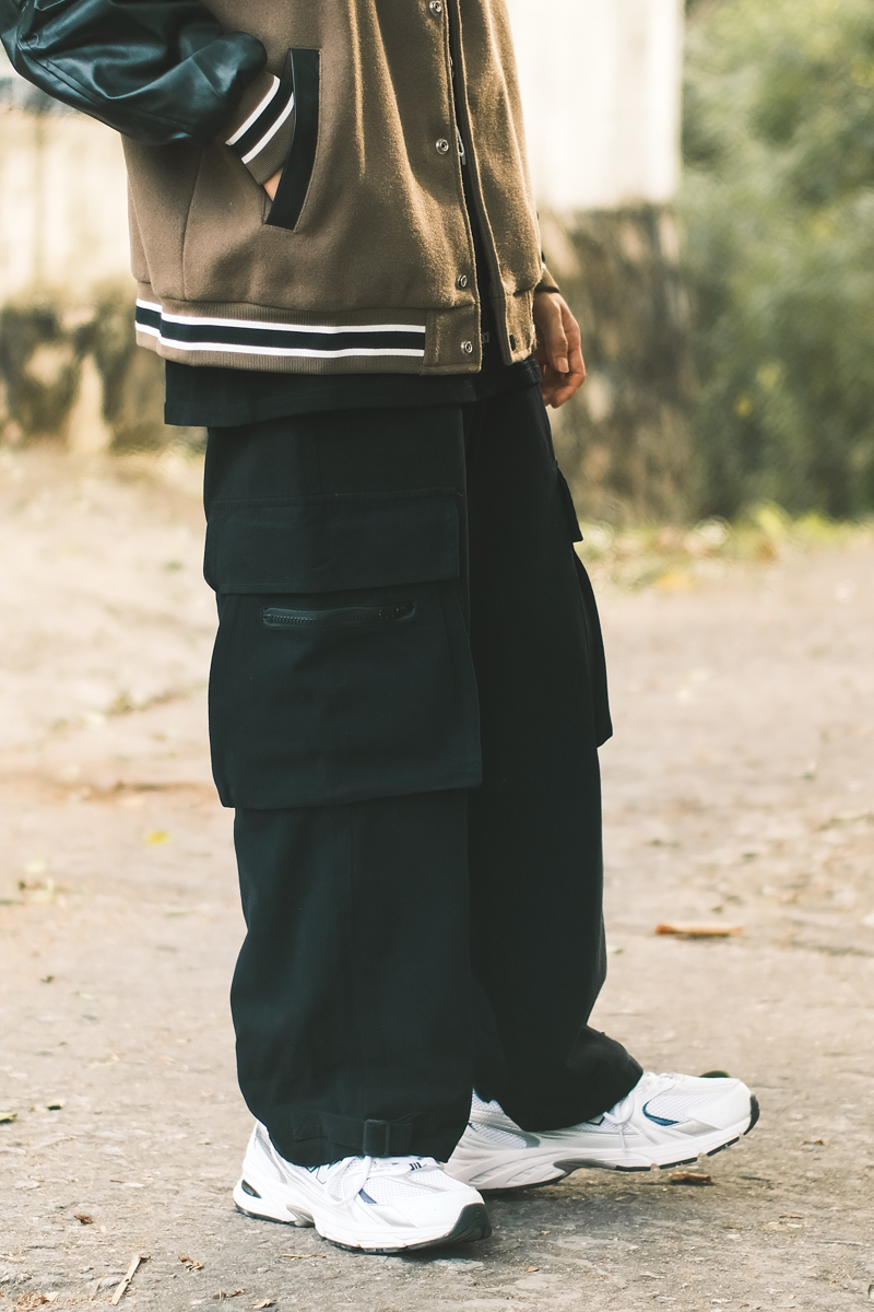 メンズワイドパンツ 多機能ポケット付きゆったりシルエット作業系パンツ