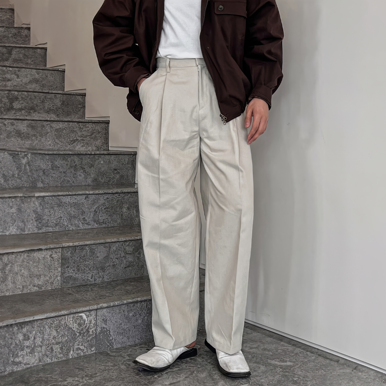 メンズワイドパンツ センタープレス入りゆったりシルエットスラックス