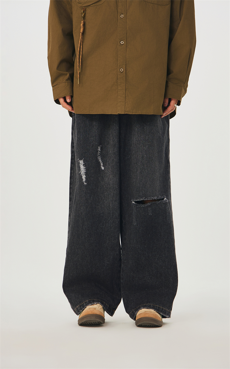 ワイドパンツ メンズ レトロ風ダメージ加工ワイドジーンズ