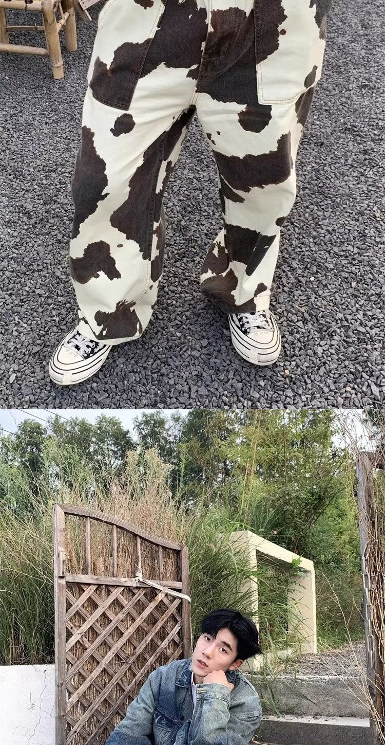 ワイドパンツ メンズ 牛柄デザインワイドジーンズ