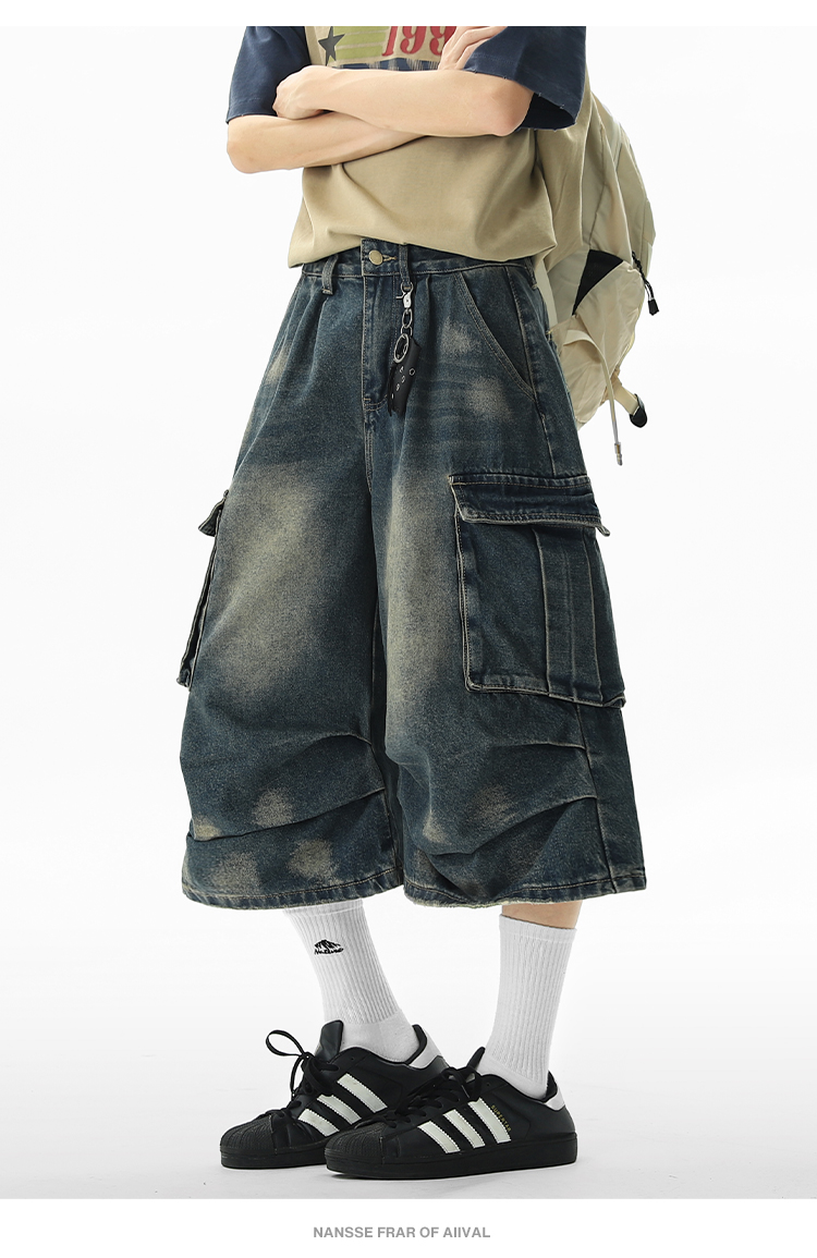ワイドパンツ メンズ ヴィンテージ加工 七分丈カーゴジーンズ