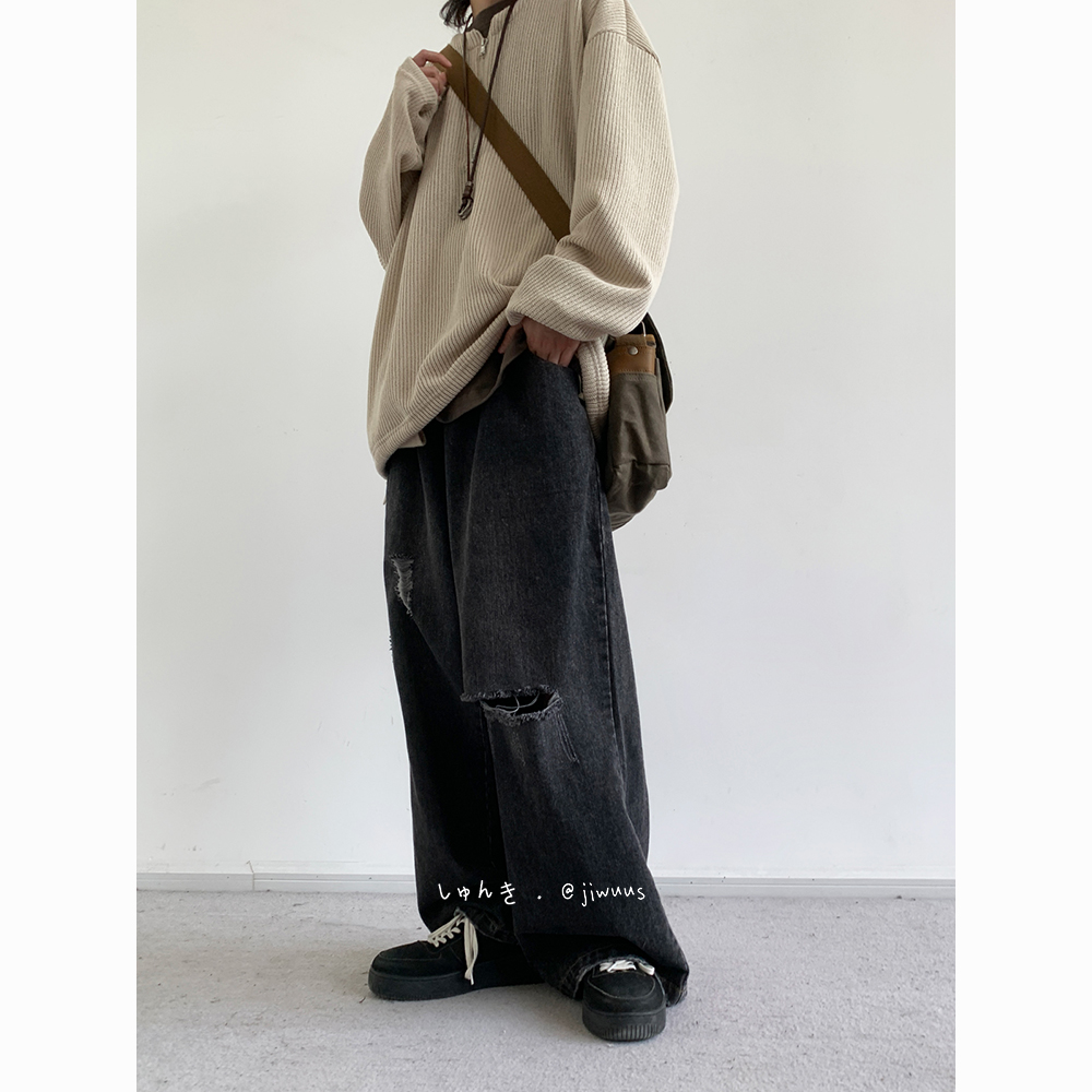 ワイドパンツ メンズ レトロ風ダメージ加工ワイドジーンズ