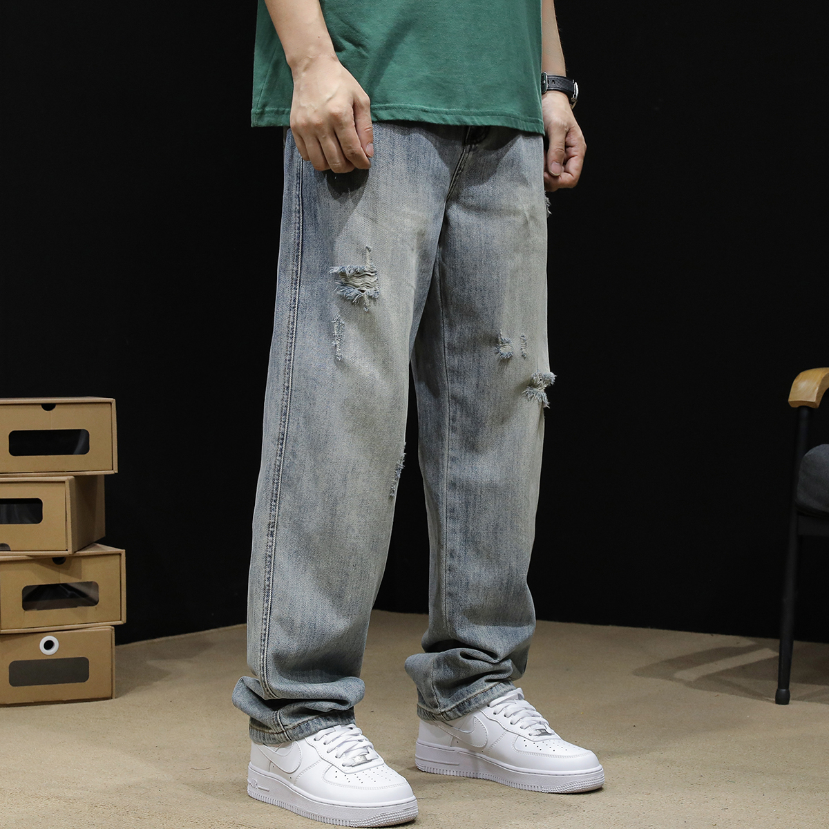 ワイドパンツ メンズ メンズダメージ加工ワイドジーンズ