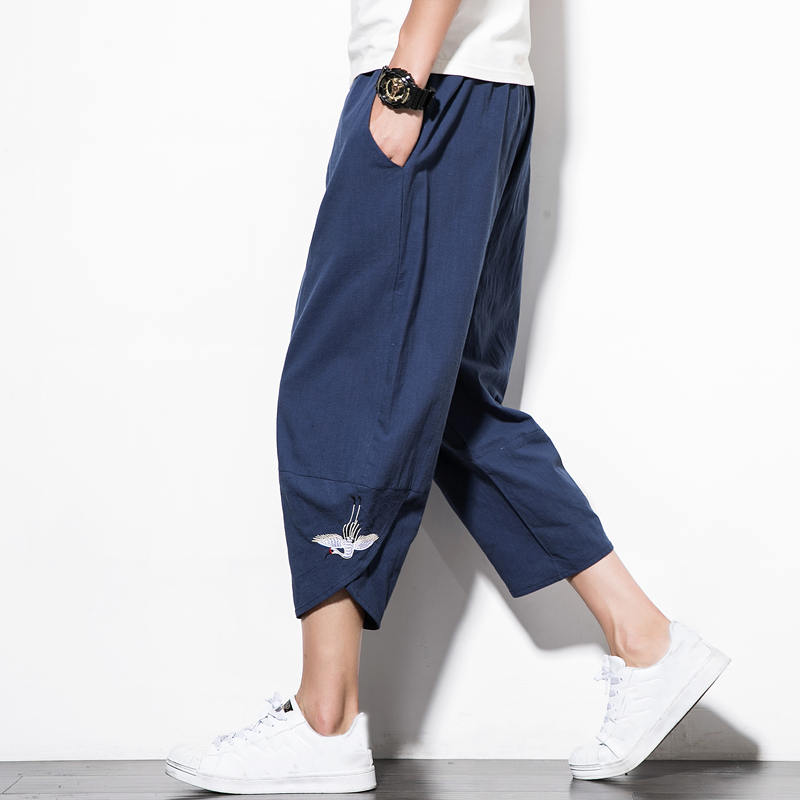 ワイドパンツ メンズ 和風七分丈リネンワイドパンツ