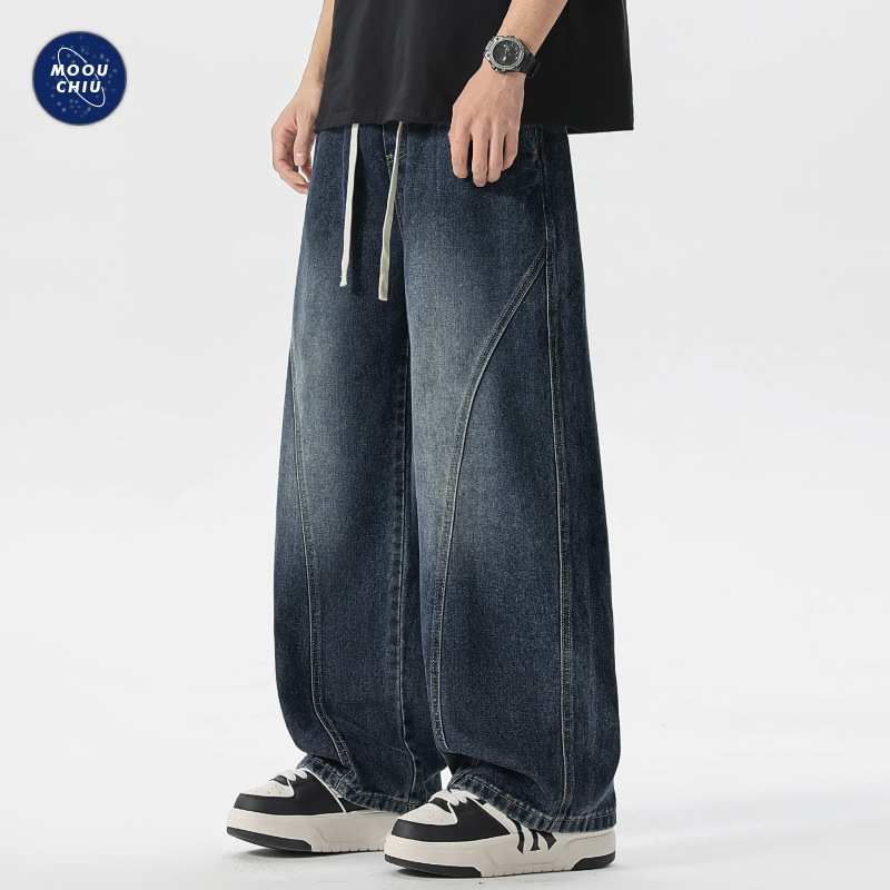 ワイドパンツ メンズ デザイン切替ワイドデニムパンツ