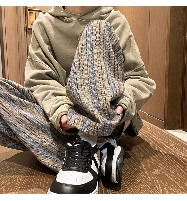 ワイドパンツ メンズ ヘリンボーン柄ウール混ワイドパンツ