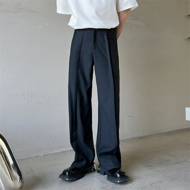 メンズワイドパンツ センタープレス入りゆったりシルエットスーツ地パンツ