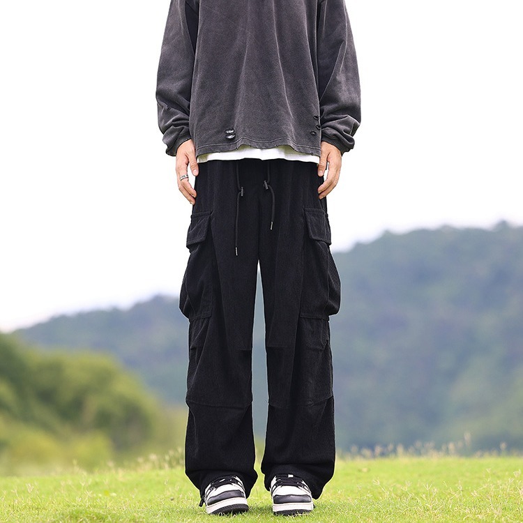 ワイドパンツ メンズ 灯芯絨ワイドカーゴパンツ メンズ大口袋デザイン束脚