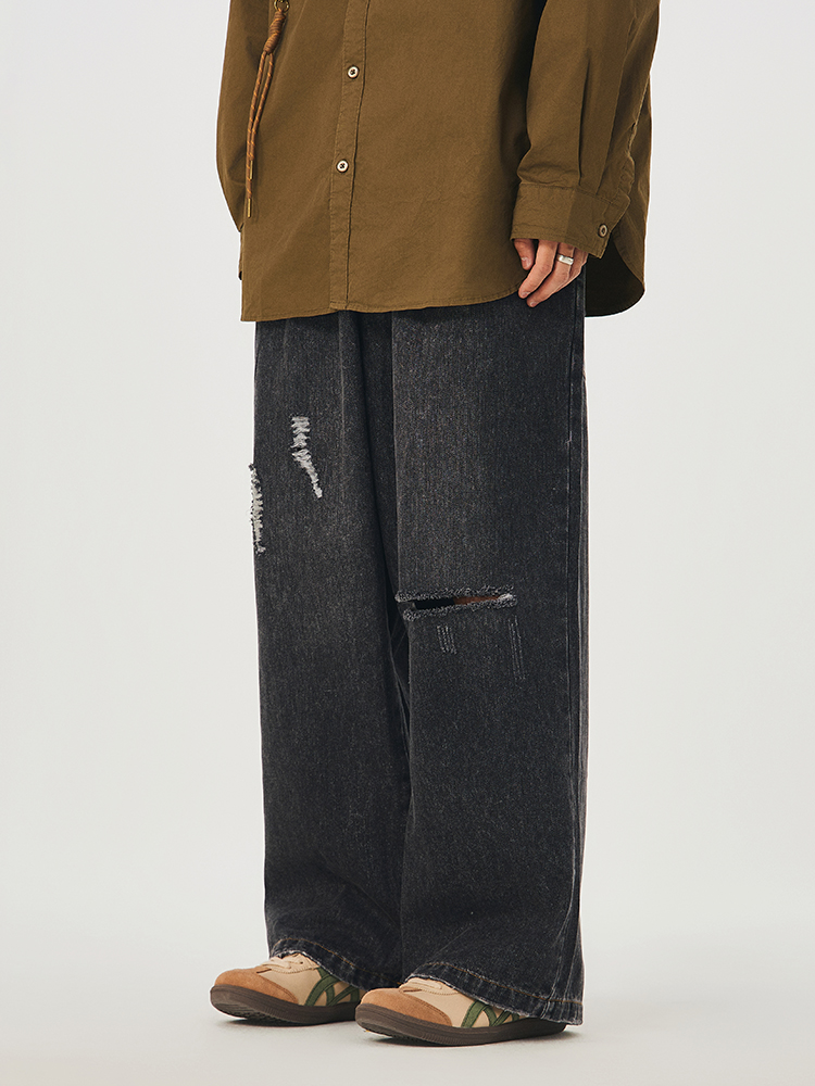 ワイドパンツ メンズ レトロ加工ダメージ ワイドデニムパンツ