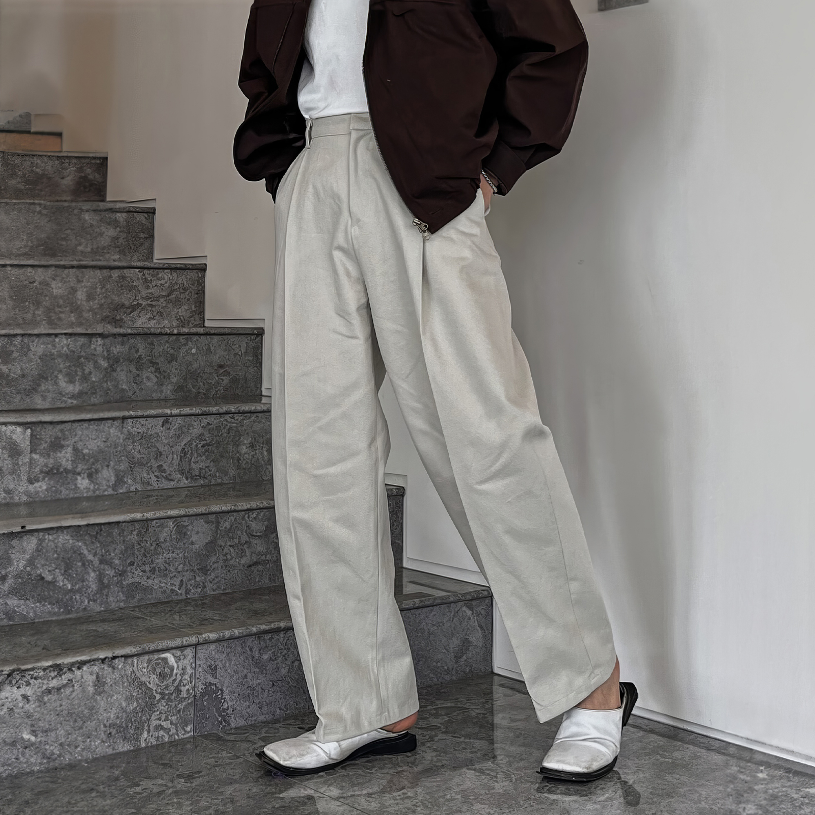 メンズワイドパンツ センタープレス入りゆったりシルエットスラックス