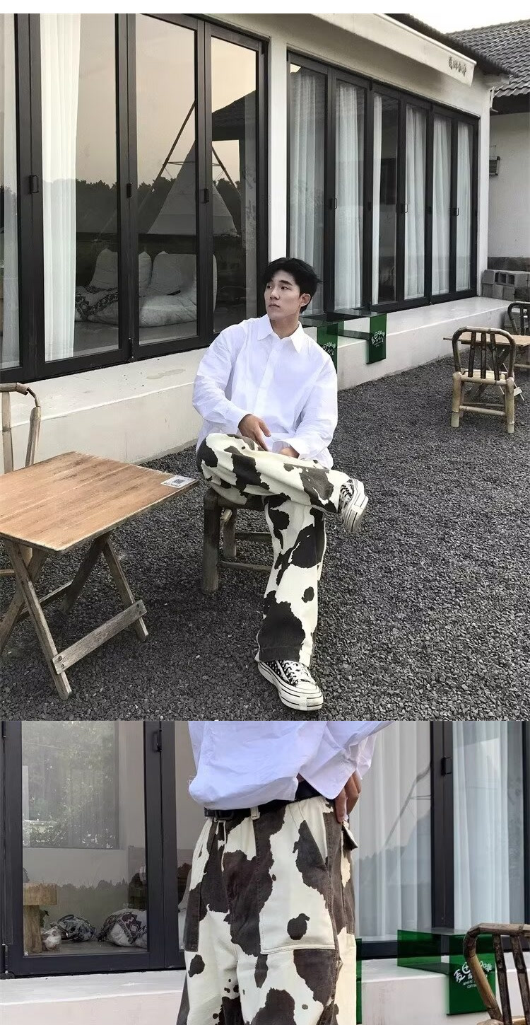 ワイドパンツ メンズ 牛柄デザインワイドジーンズ