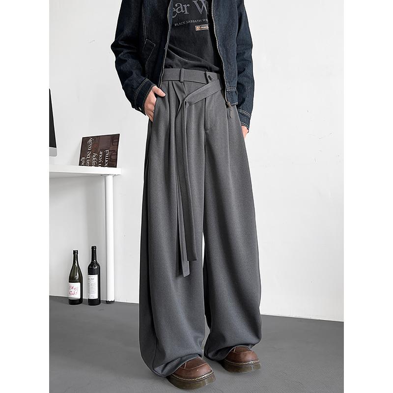 ワイドパンツ メンズ デザイン性高いベルト付きプリーツワイドパンツ