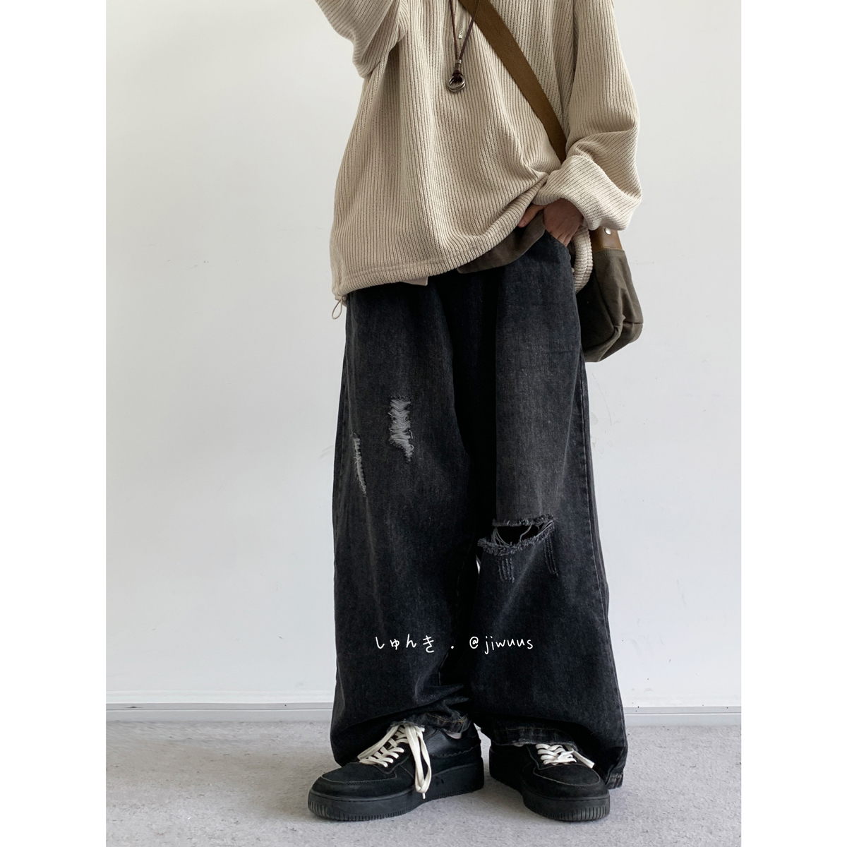 ワイドパンツ メンズ レトロ風ダメージ加工ワイドジーンズ