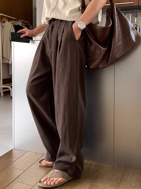ワイドパンツ メンズ 麻混紡素材の高級感ワイドパンツ