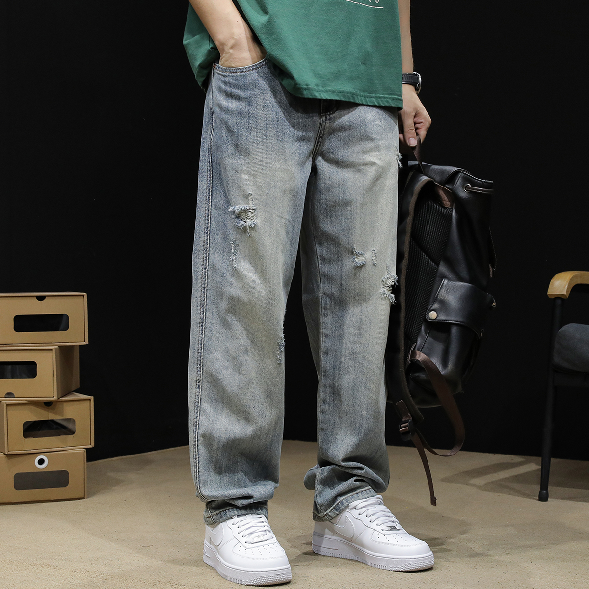 ワイドパンツ メンズ メンズダメージ加工ワイドジーンズ