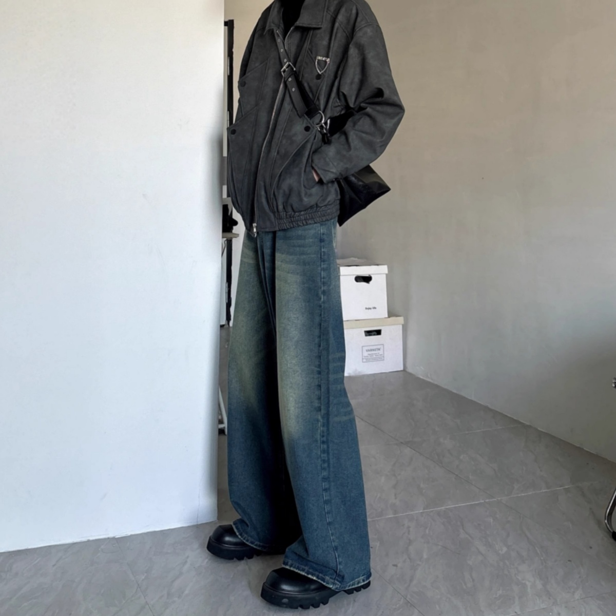 ワイドパンツ メンズ ヴィンテージ加工ワイドデニムパンツ