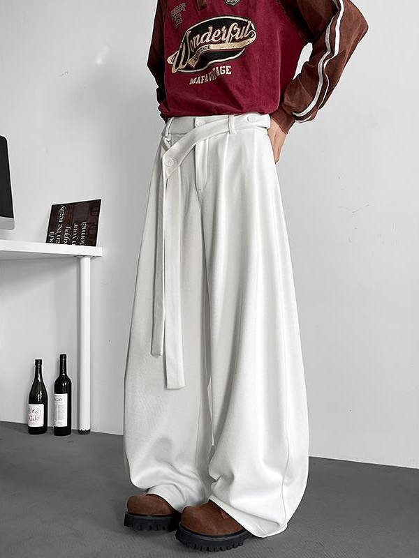 ワイドパンツ メンズ デザイン性高いベルト付きプリーツワイドパンツ