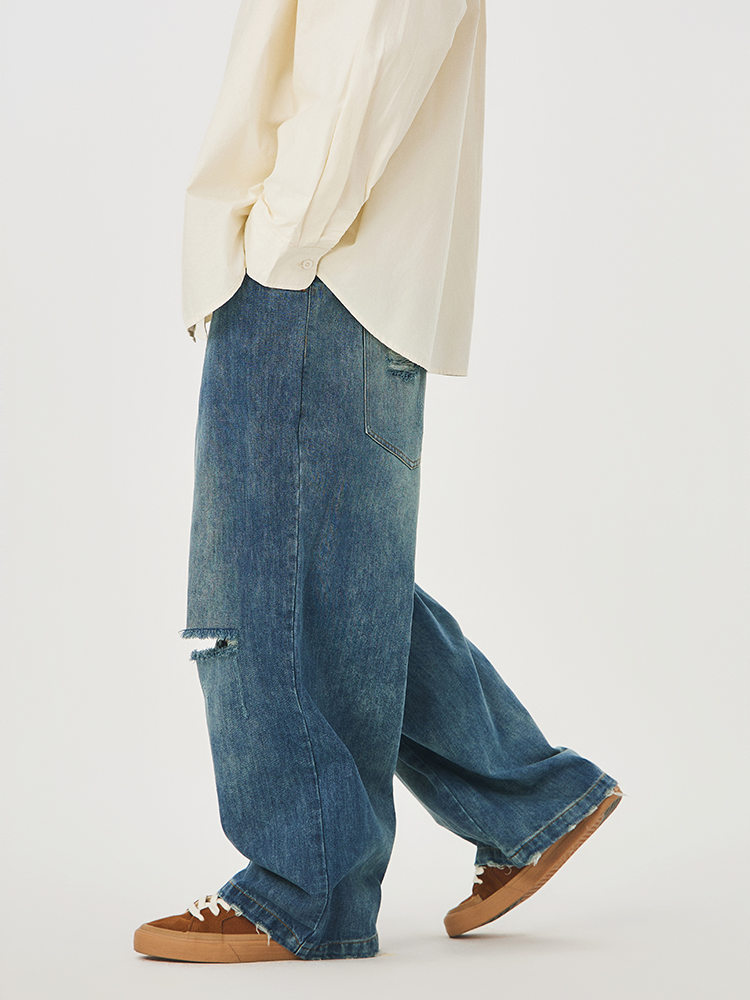 ワイドパンツ メンズ レトロ加工ダメージ ワイドデニムパンツ