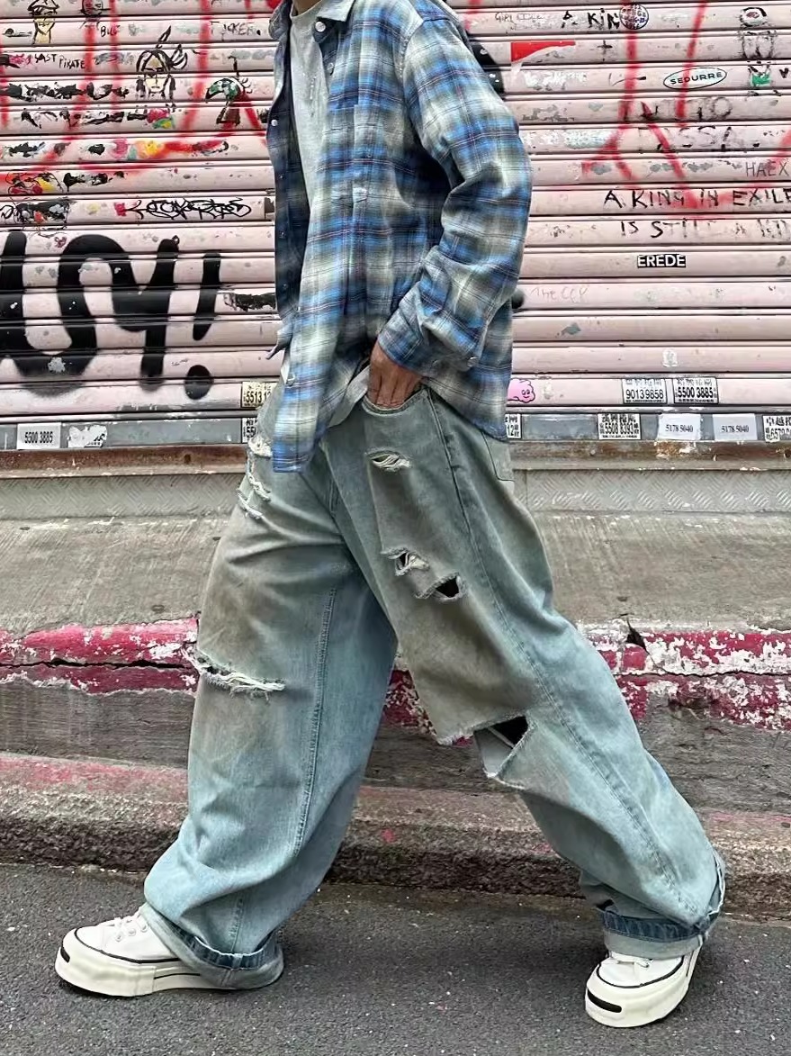 ワイドパンツ メンズ ヴィンテージ加工ダメージワイドデニム