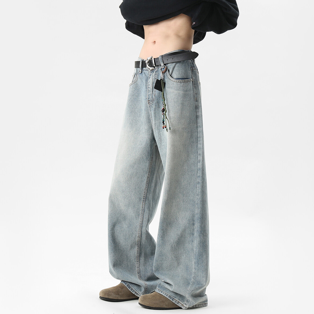 ワイドパンツ メンズ ウォッシュ加工レトロワイドジーンズ