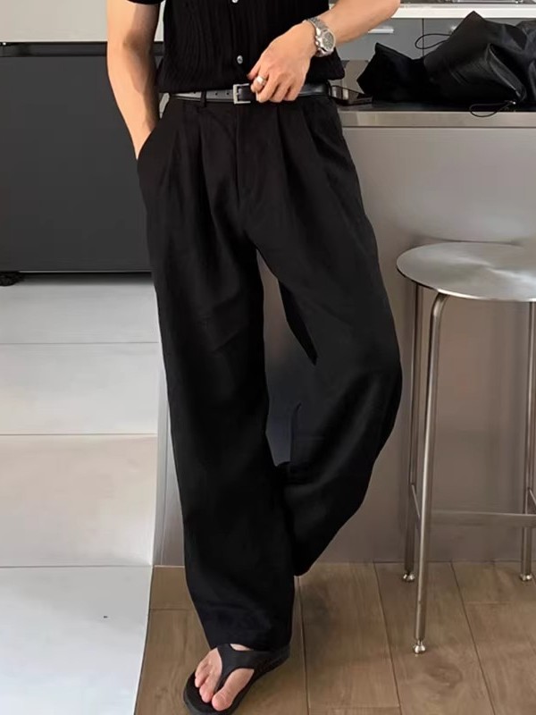 ワイドパンツ メンズ 麻混紡素材の高級感ワイドパンツ