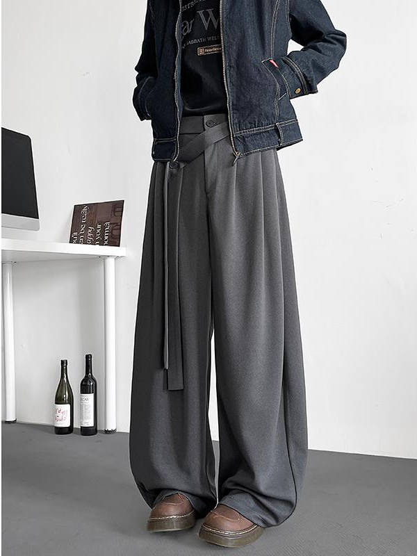 ワイドパンツ メンズ デザイン性高いベルト付きプリーツワイドパンツ