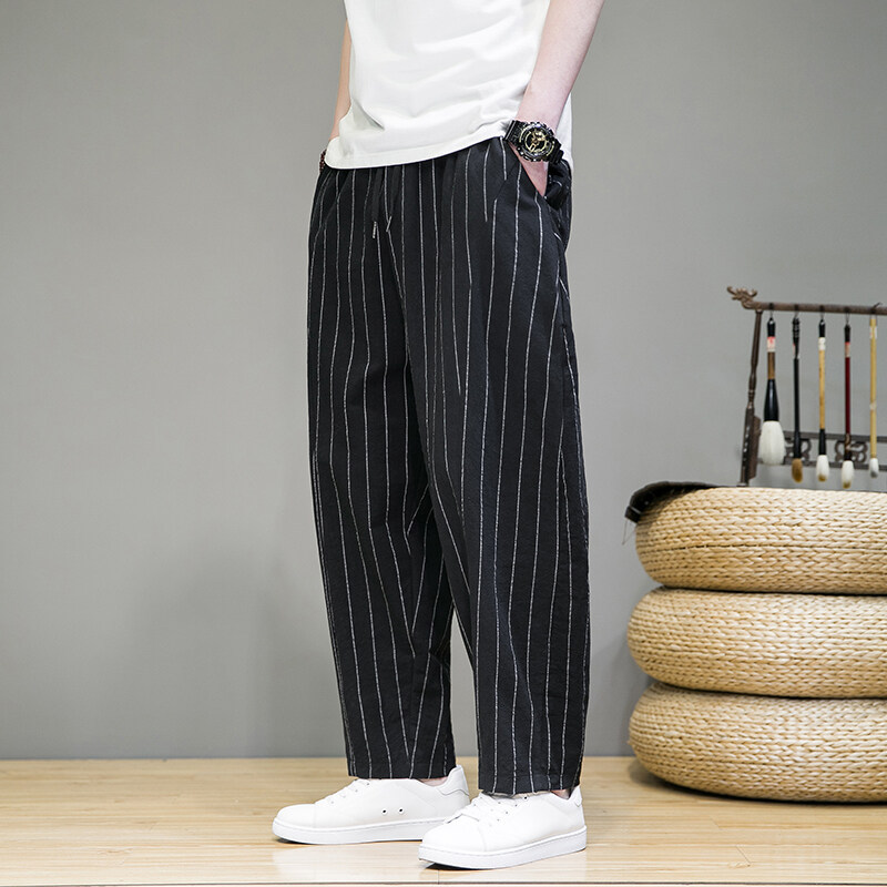 ワイドパンツ メンズ 縦ストライプワイドパンツ薄手透気性ゆったり直筒九分丈
