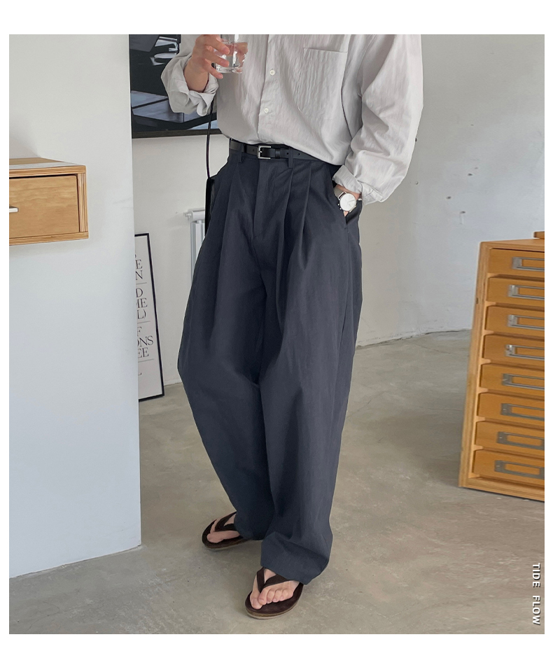 麻混ダブルタック ワイドパンツ メンズ