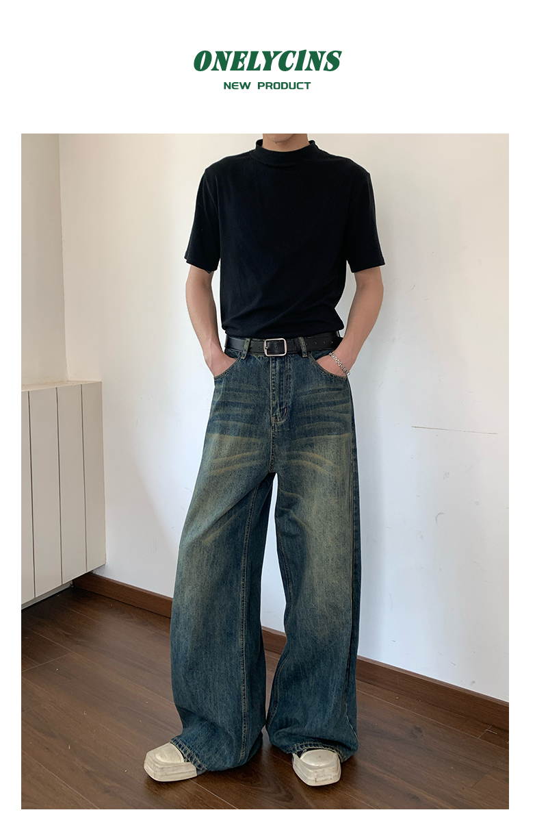 ワイドパンツ メンズ ビンテージ加工ゆったりワイドジーンズ