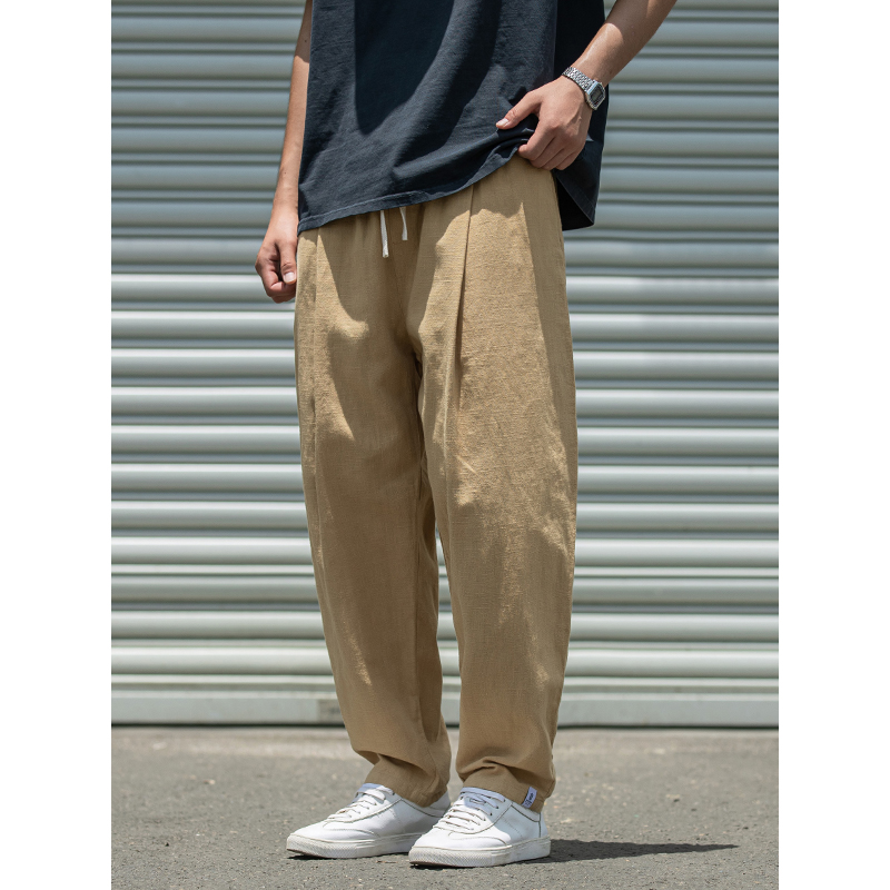 ワイドパンツ メンズ リネンコットン混紡ワイドパンツ ドローコード付き