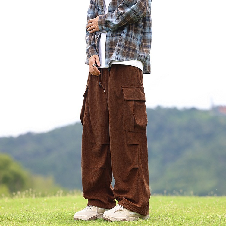 ワイドパンツ メンズ 灯芯絨ワイドカーゴパンツ メンズ大口袋デザイン束脚