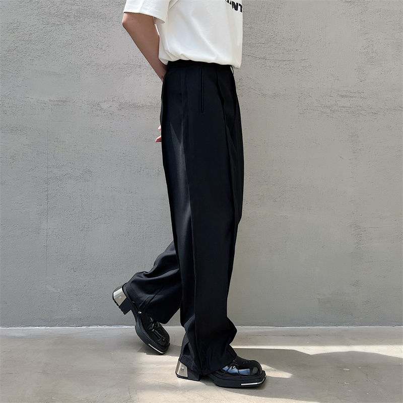 メンズワイドパンツ センタープレス入りゆったりシルエットスーツ地パンツ