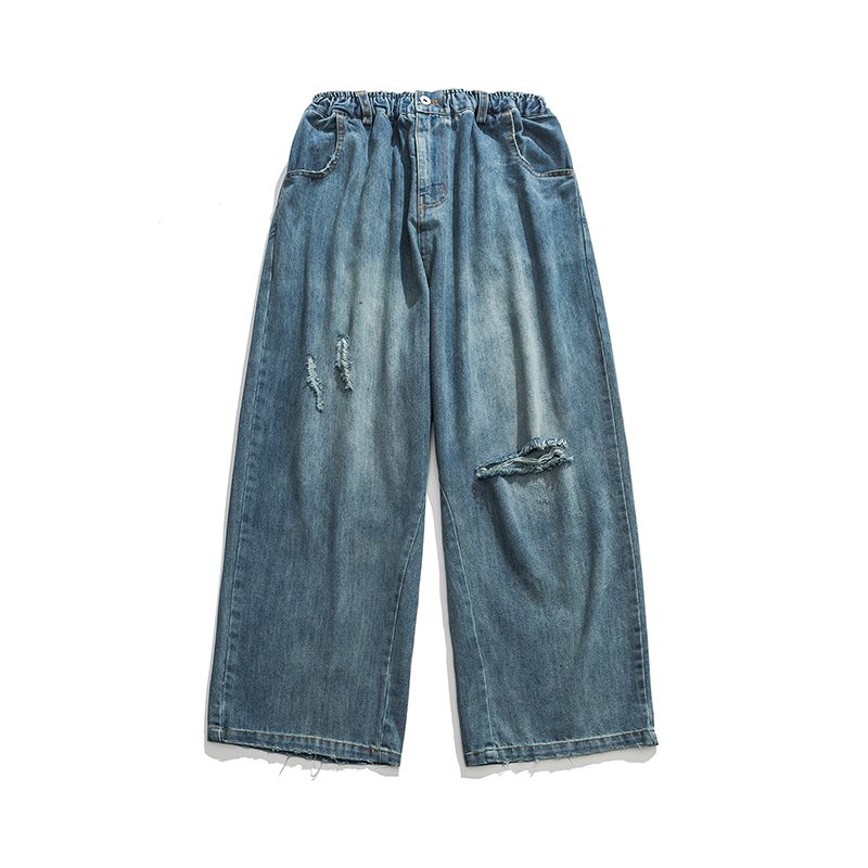 ワイドパンツ メンズ レトロ加工ダメージ ワイドデニムパンツ