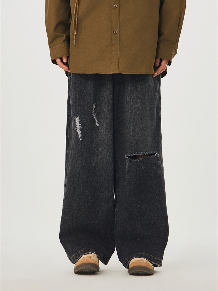 ワイドパンツ メンズ レトロ風ダメージ加工ワイドジーンズ