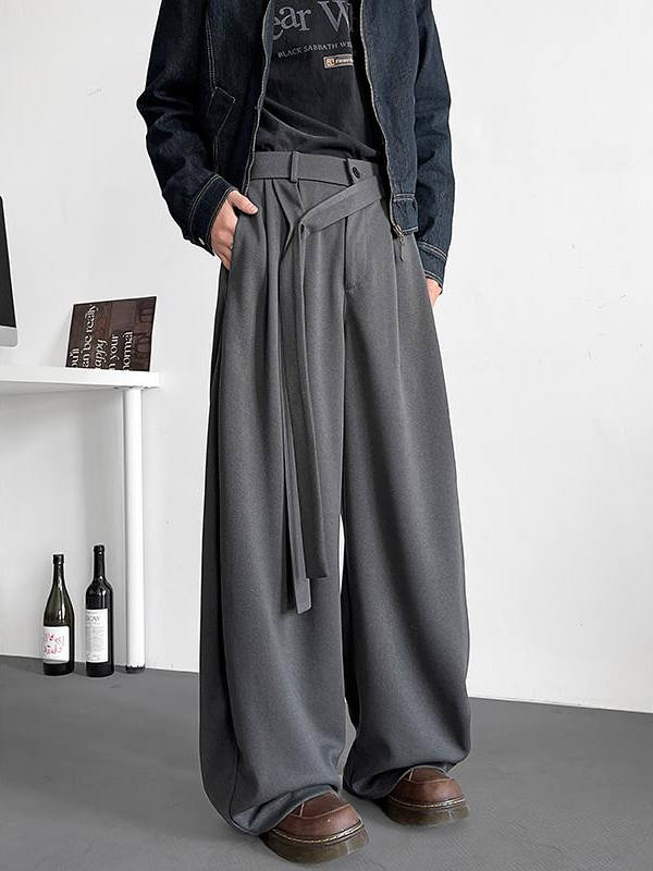 ワイドパンツ メンズ デザイン性高いベルト付きプリーツワイドパンツ