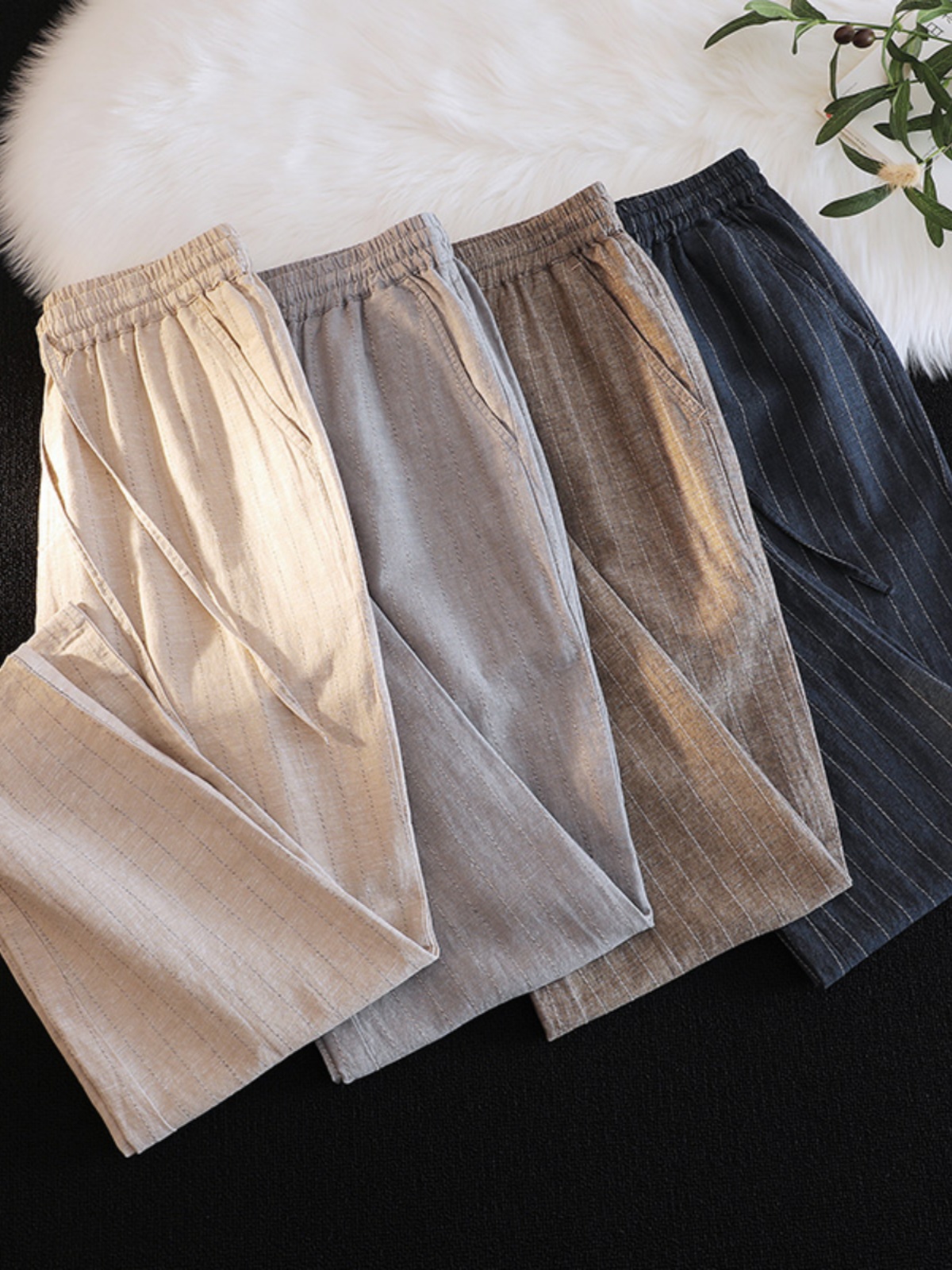 ワイドパンツ メンズ リネン混ストライプ柄ワイドパンツ
